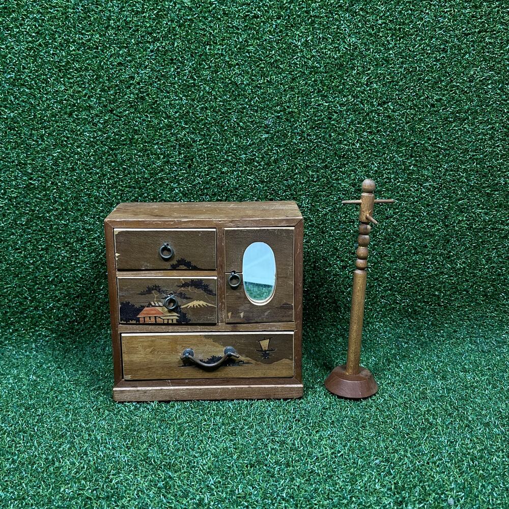 Vintage Japan Miniature Wood Jewelry Chest Vanity Mirror Mt Fuji Drawers Stand